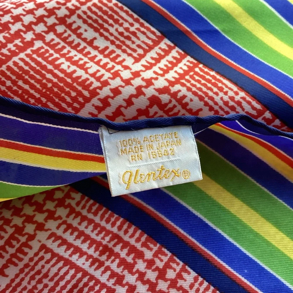 Glentex Scarf Made in Japan Square Red Houndstooth Multicolor Stripe Vintage